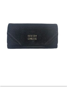 See By Chloe Black Suede Flap Wallet with Gold Logo